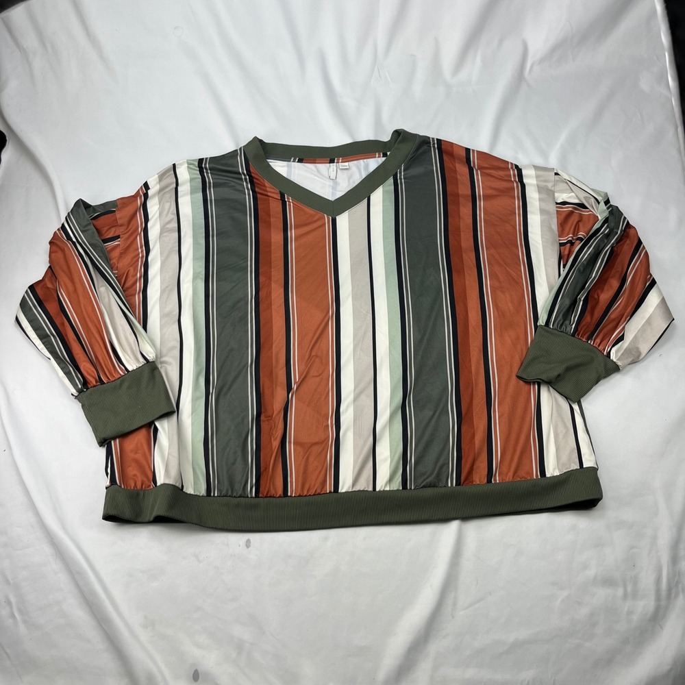 Catherines Boho Retro Vertical Striped Banded Hem V-Neck Pullover Top